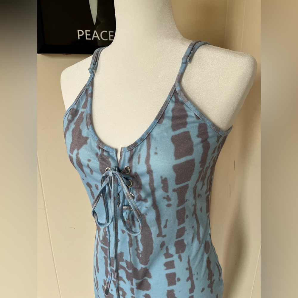 Blue and Gray Tie-Dye Lace-Up jumpsuit/cat suit/ one piece